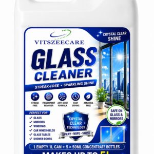 VITSZEE Glass Cleaner 5L Kit | 5 x 50ml Concentrate Bottles + 1L Mixing Can | Makes Up to 5 Litres, Streak-Free Window & Glass Cleaning Solution | For Windows, Mirrors, Car, Shower & Glass Doors